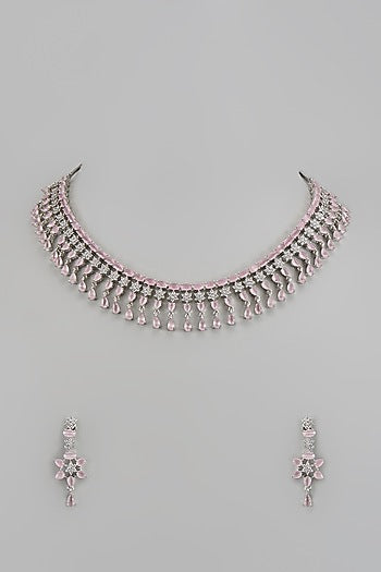 White Finish Zircon & Pink Stone Necklace Set