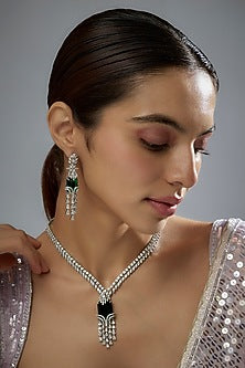 White Finish Zircon & Green Stone Necklace Set