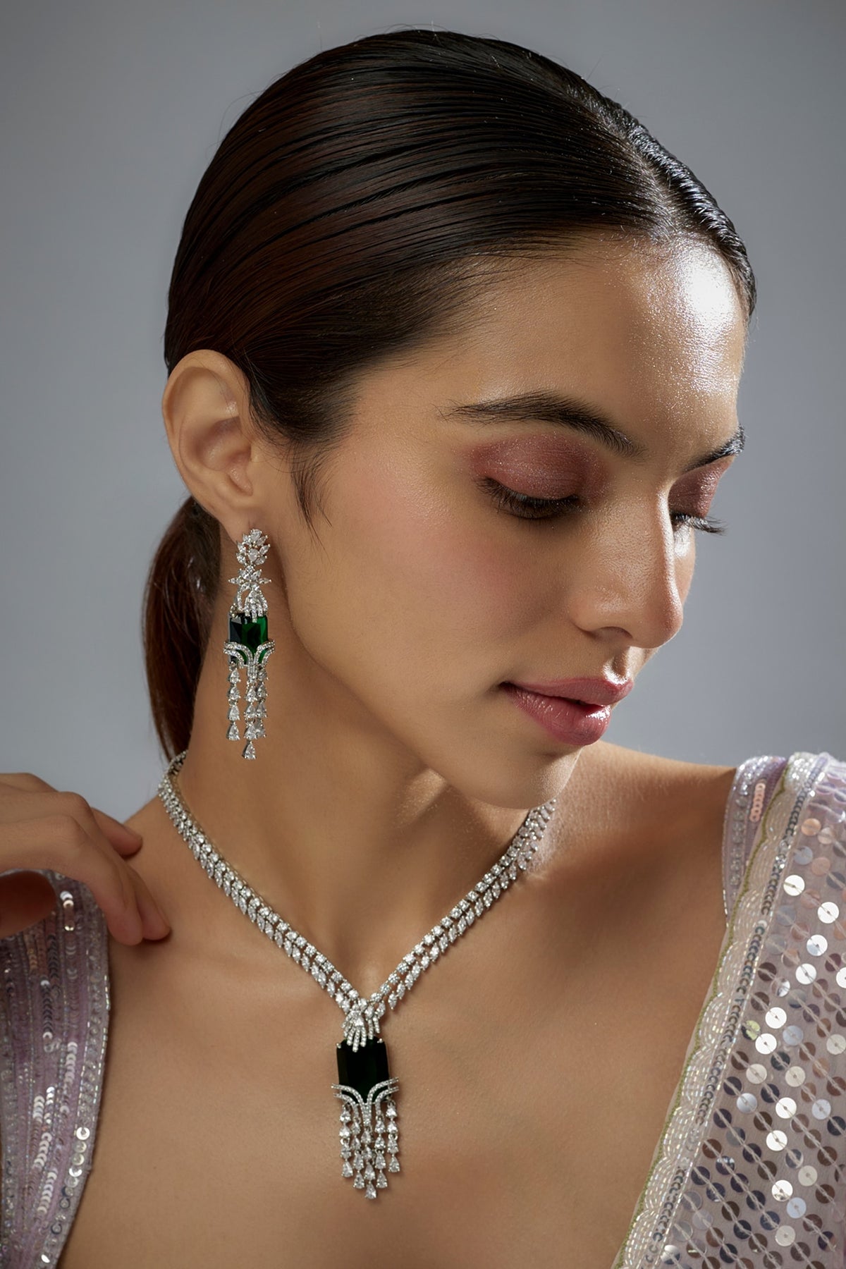 White Finish Zircon & Green Stone Necklace Set