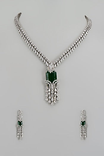 White Finish Zircon & Green Stone Necklace Set