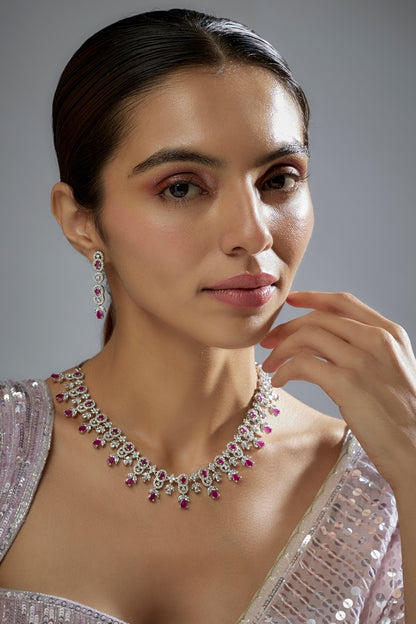 White Finish Zircon & Red Stone Necklace Set