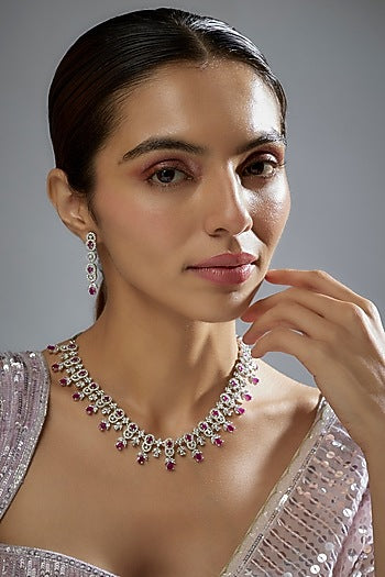White Finish Zircon & Red Stone Necklace Set