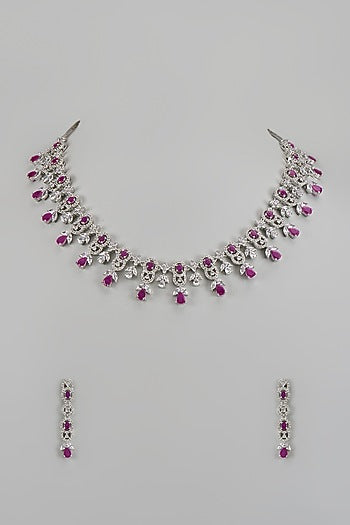 White Finish Zircon & Red Stone Necklace Set