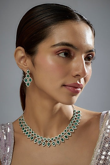 White Finish Zircon & Green Stone Necklace Set