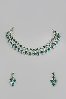 White Finish Zircon & Green Stone Necklace Set