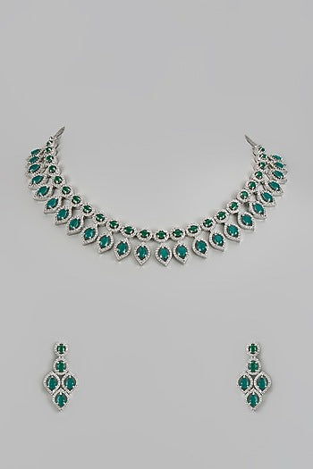 White Finish Zircon & Green Stone Necklace Set
