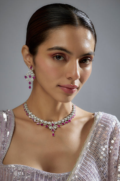 White Finish Zircon & Red Stone Necklace Set