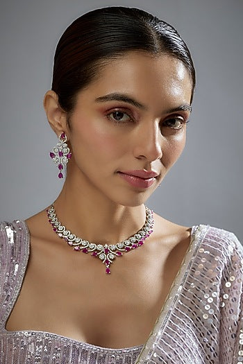 White Finish Zircon & Red Stone Necklace Set
