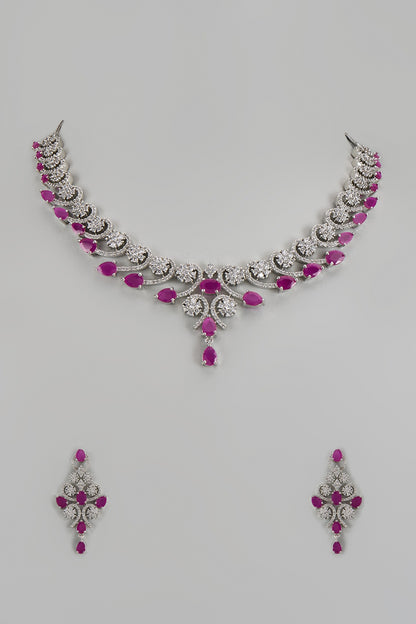 White Finish Zircon & Red Stone Necklace Set