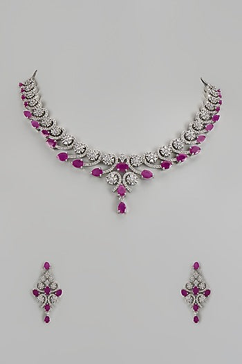 White Finish Zircon & Red Stone Necklace Set