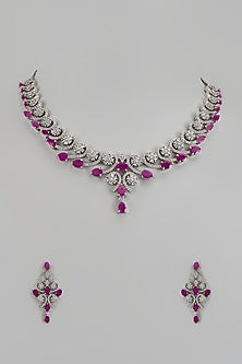 White Finish Zircon & Red Stone Necklace Set