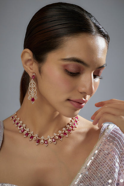 Gold Finish Zircon & Red Stone Necklace Set
