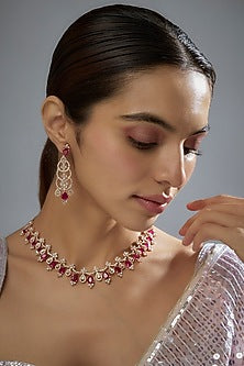 Gold Finish Zircon & Red Stone Necklace Set