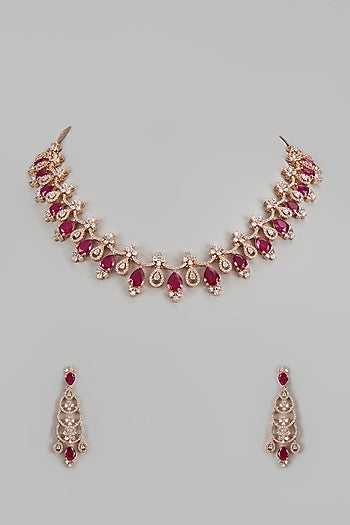 Gold Finish Zircon & Red Stone Necklace Set