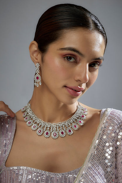 White Finish Zircon & Red Stone Necklace Set