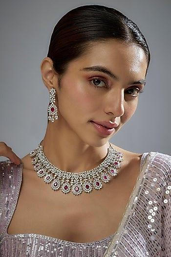 White Finish Zircon & Red Stone Necklace Set