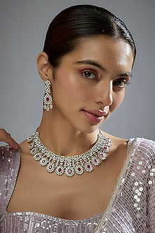 White Finish Zircon & Red Stone Necklace Set