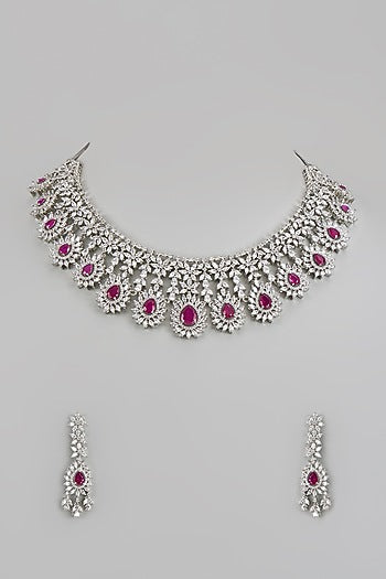White Finish Zircon & Red Stone Necklace Set
