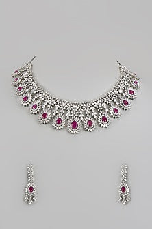 White Finish Zircon & Red Stone Necklace Set