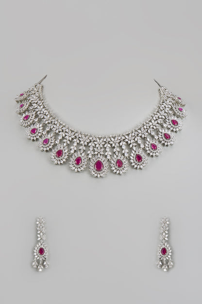 White Finish Zircon & Red Stone Necklace Set