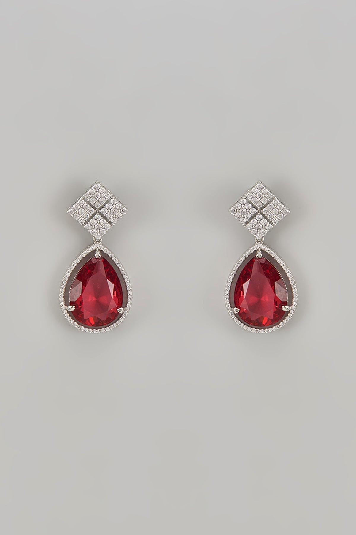 White Finish Zircon & Red Stone Dangler Earrings