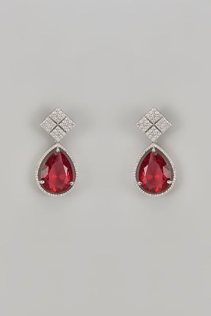 White Finish Zircon & Red Stone Dangler Earrings
