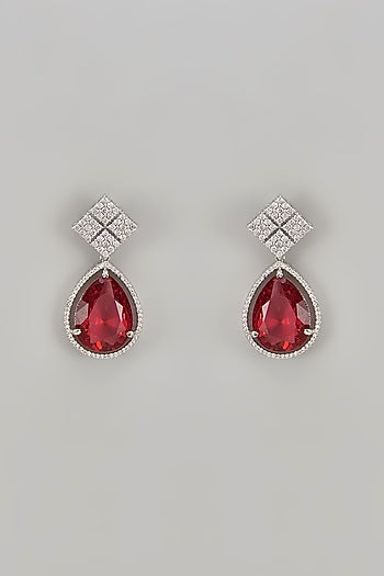 White Finish Zircon & Red Stone Dangler Earrings