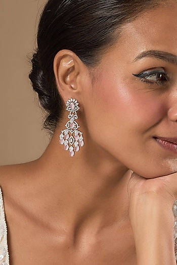White Finish Zircon & Pink Stone Dangler Earrings