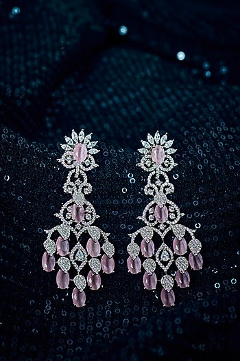White Finish Zircon & Pink Stone Dangler Earrings