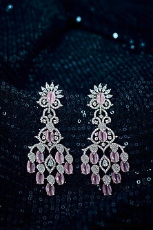 White Finish Zircon & Pink Stone Dangler Earrings