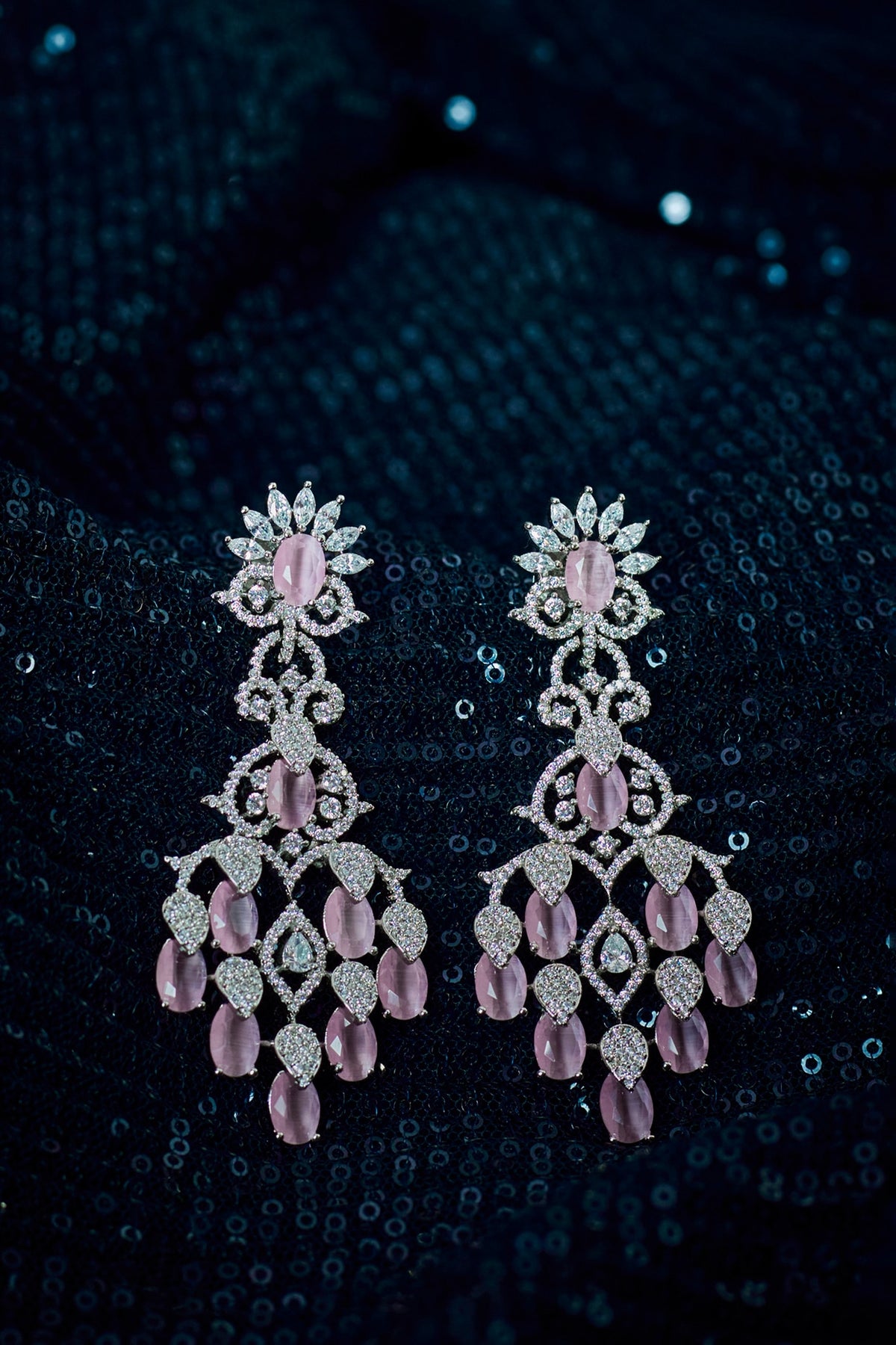 White Finish Zircon & Pink Stone Dangler Earrings