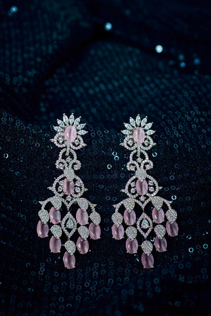 White Finish Zircon & Pink Stone Dangler Earrings