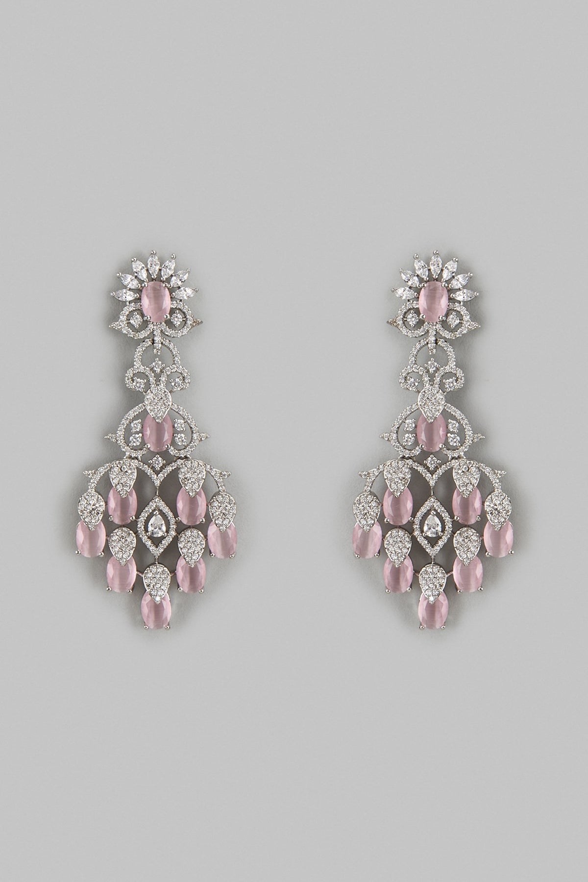White Finish Zircon & Pink Stone Dangler Earrings