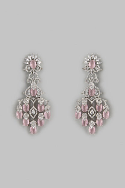 White Finish Zircon & Pink Stone Dangler Earrings