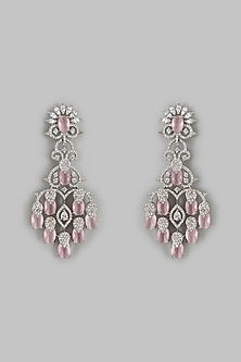 White Finish Zircon & Pink Stone Dangler Earrings