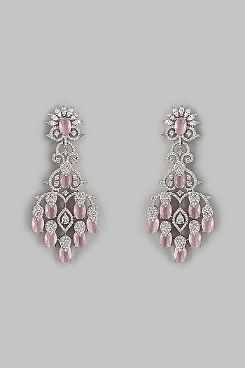 White Finish Zircon & Pink Stone Dangler Earrings