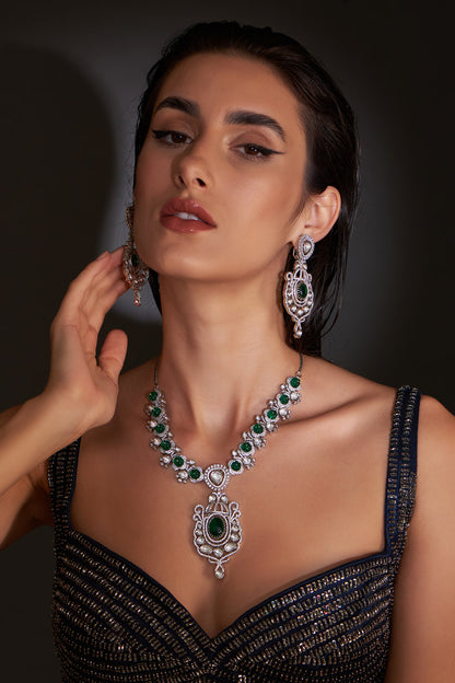 White Finish Zircon & Green Stone Long Necklace