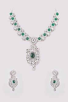 White Finish Zircon & Green Stone Long Necklace