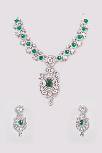 White Finish Zircon & Green Stone Long Necklace