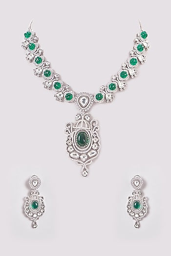 White Finish Zircon & Green Stone Long Necklace