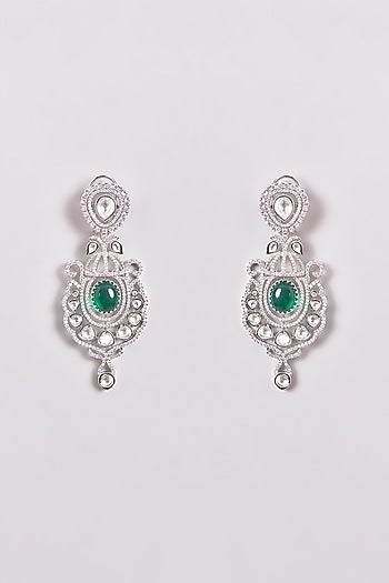 White Finish Zircon & Green Stone Long Necklace