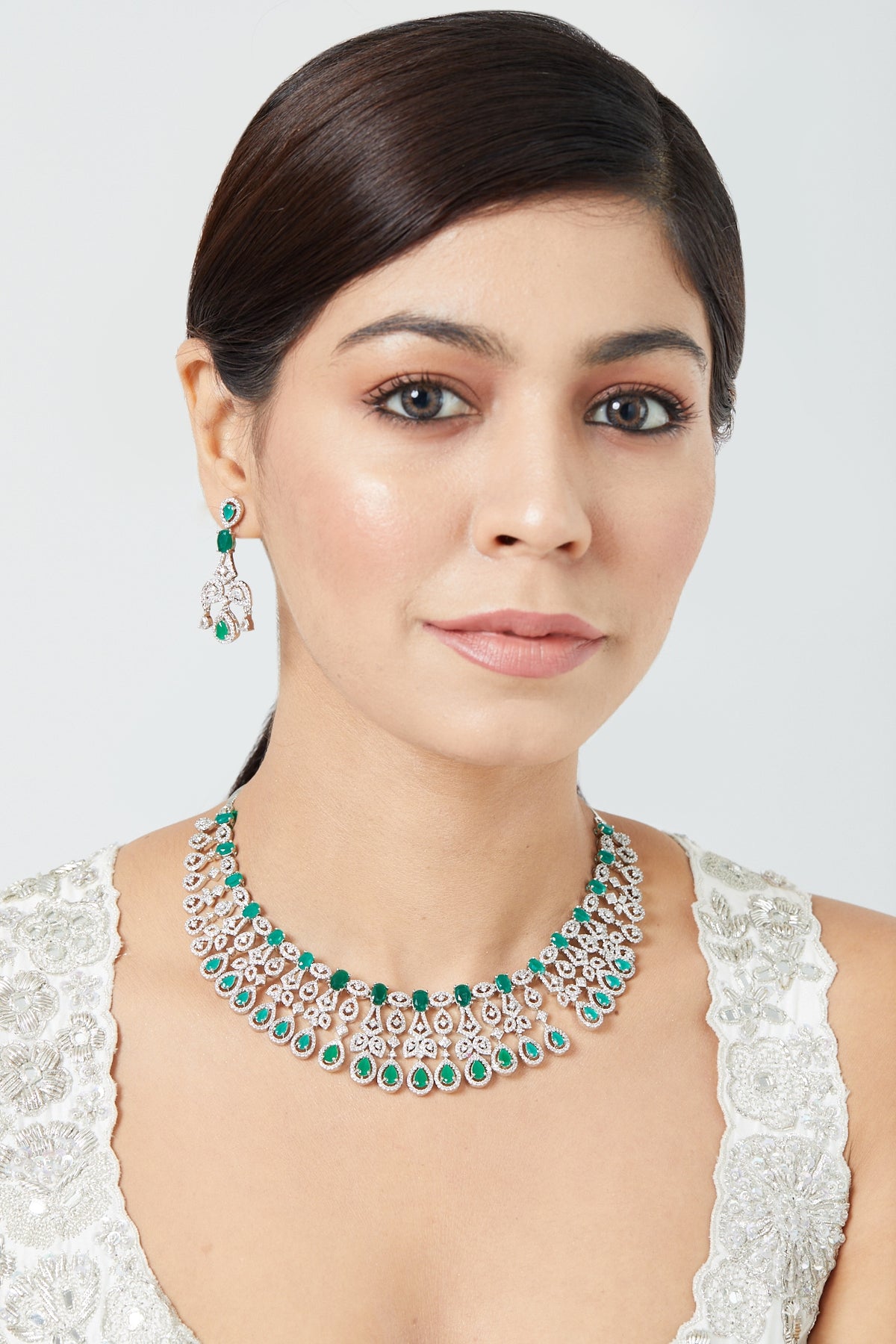 White Finish Zircon & Green Stone Necklace
