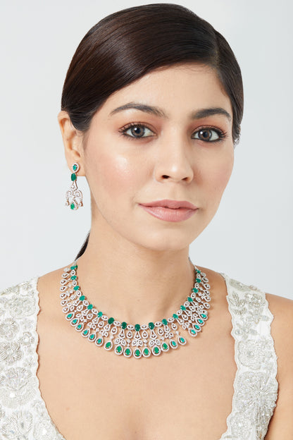 White Finish Zircon & Green Stone Necklace