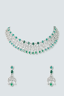 White Finish Zircon & Green Stone Necklace