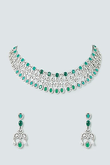 White Finish Zircon & Green Stone Necklace