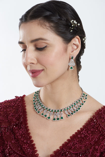 White Finish Zircon & Green Stone Necklace