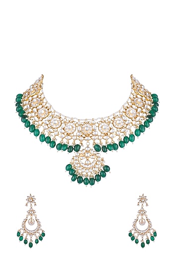 Gold Finish Kundan & Green Bead Necklace Set
