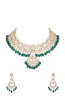 Gold Finish Kundan & Green Bead Necklace Set