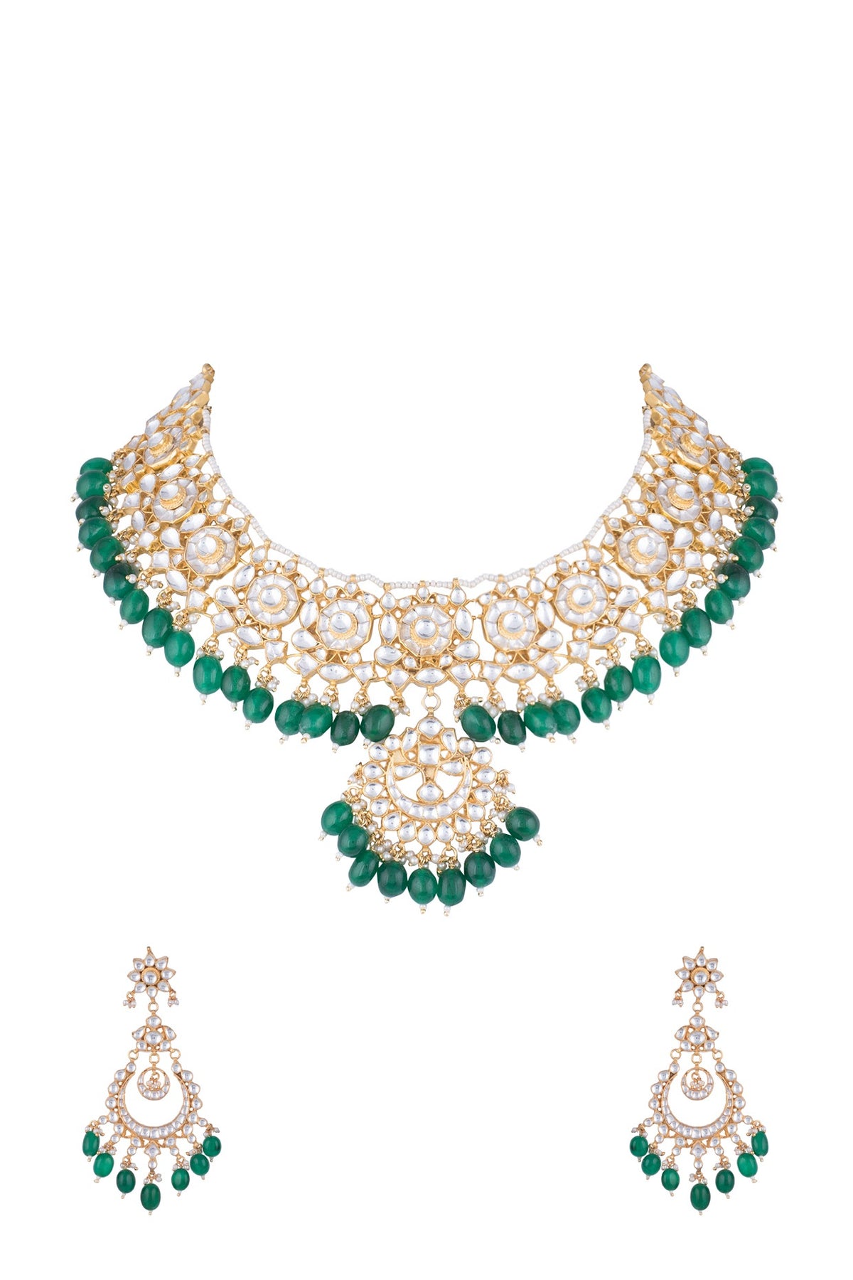 Gold Finish Kundan & Green Bead Necklace Set