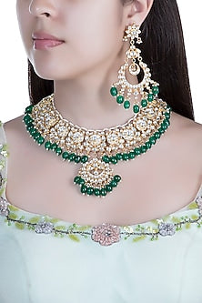 Gold Finish Kundan & Green Bead Necklace Set